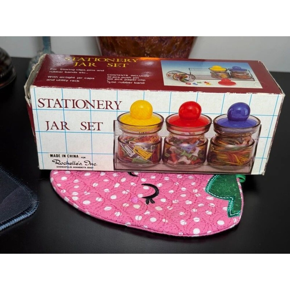 Vintage Stationary Jar Set Office Canister Pins Clips Rubber Bands - In Box - Picture 5 of 5